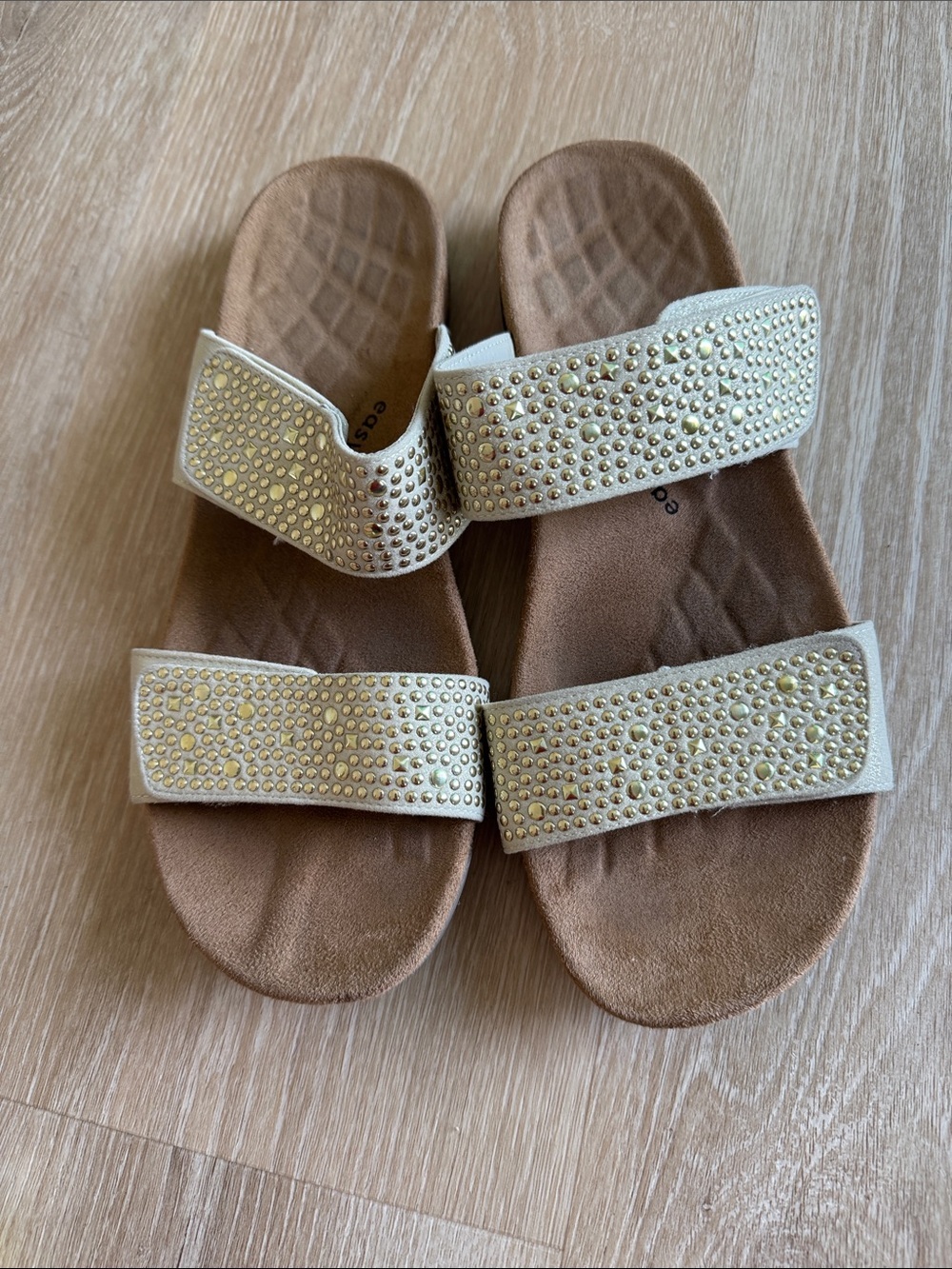 Easy Spirit Gold Metallic Slide Sandals with Studded Straps